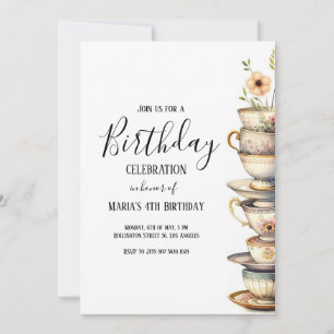 Invitation Aquarelle Tea Party Cute Cups Anniversaire Invitat