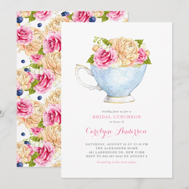 Invitation Aquarelle Teacup Bouquet Fleurs Déjeuner nuptial (Devant / Derrière)