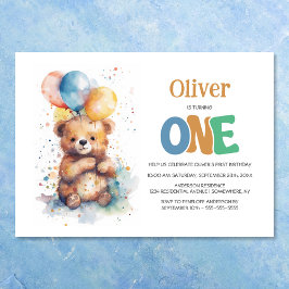 Invitation Aquarelle Teddy Bear 1ère fête d'anniversaire