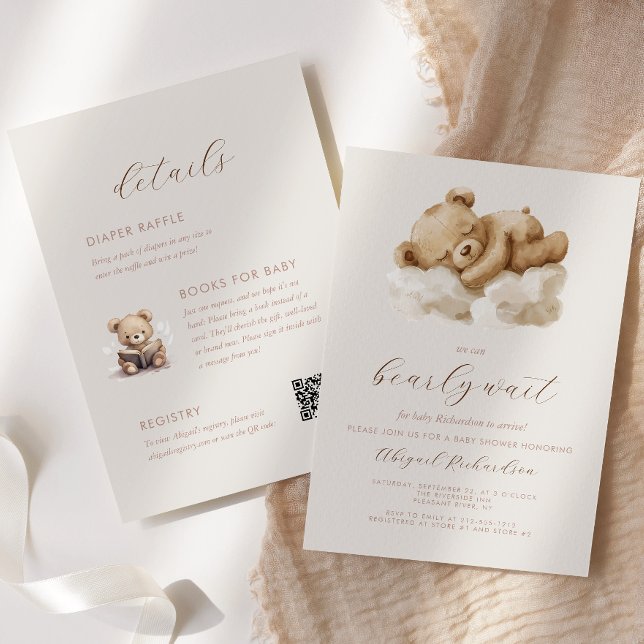 Invitation Aquarelle Teddy Bear Baby shower beige tout-en-un (Créateur téléchargé)