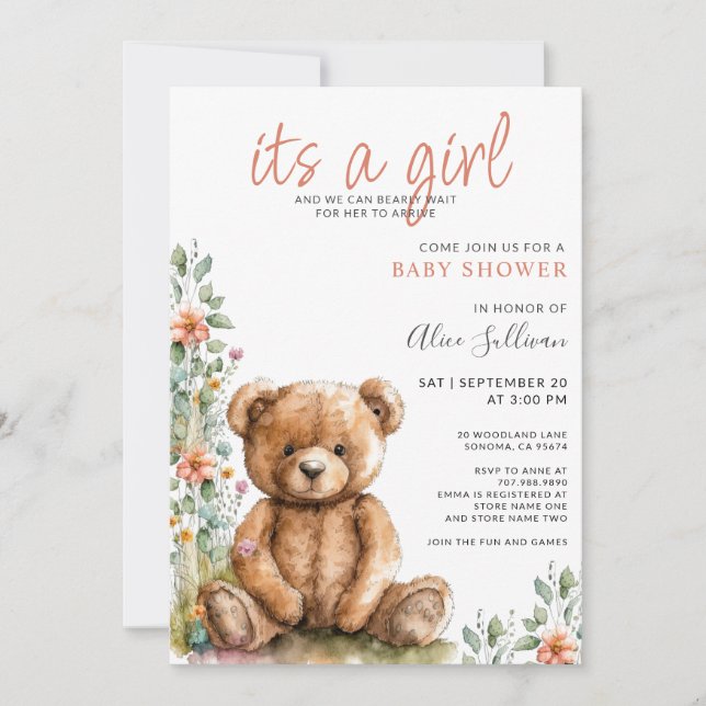 Invitation Aquarelle Teddy Bear Baby shower fille (Devant)