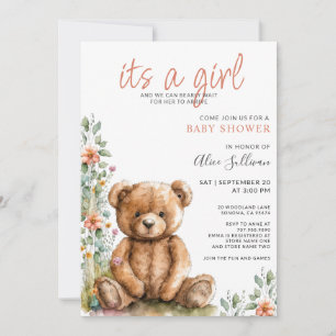Invitation Aquarelle Teddy Bear Baby shower fille