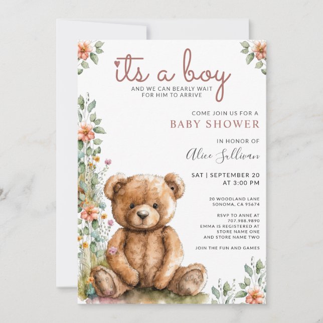 Invitation Aquarelle Teddy Bear Baby shower garçon (Devant)