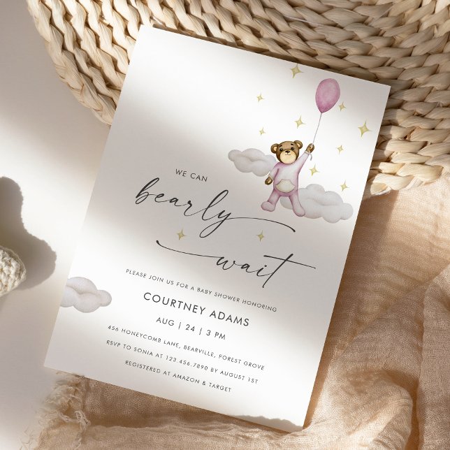 Invitation Aquarelle Teddy Bear Balloon Baby shower rose (Créateur téléchargé)