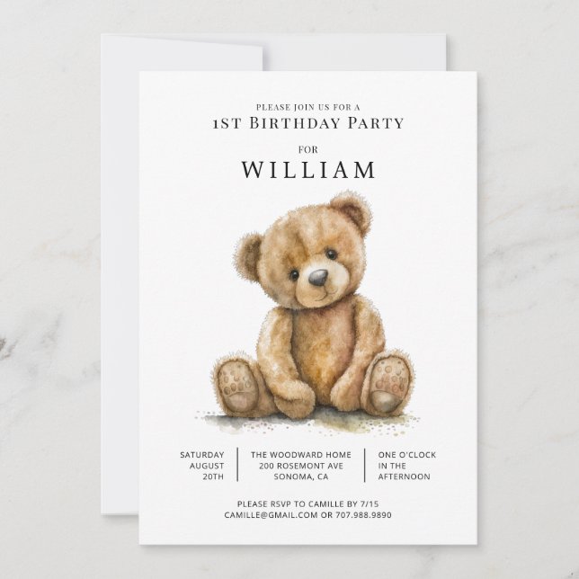 Invitation Aquarelle Teddy Bear Boy 1er anniversaire (Devant)