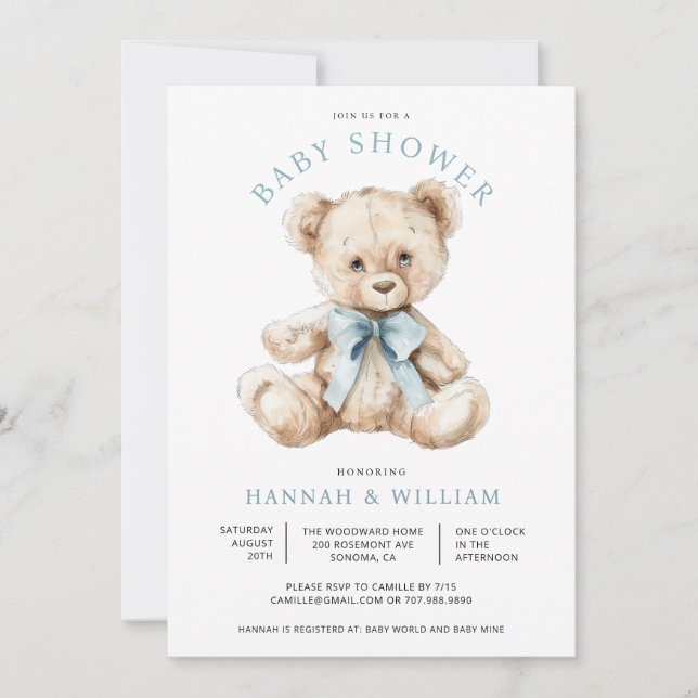 Invitation Aquarelle Teddy Bear Boy Baby shower bleu (Devant)
