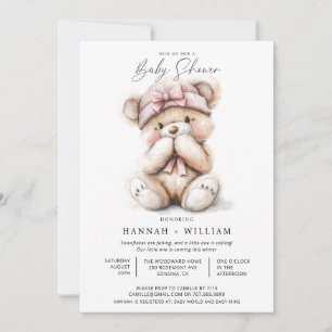 Invitation Aquarelle Teddy Bear Girl Casquette rose Baby show
