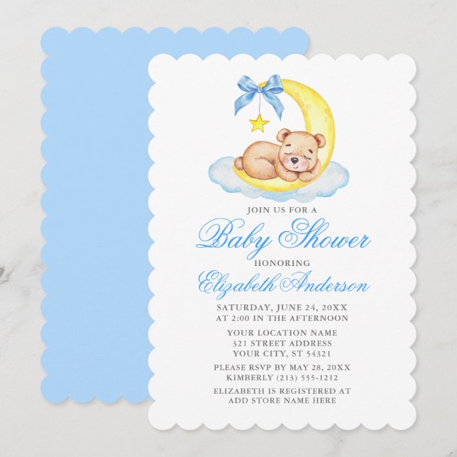 Invitation Aquarelle Teddy Bear Lune Baby shower bleu (Devant / Derrière)