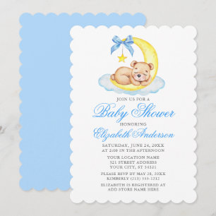 Invitation Aquarelle Teddy Bear Lune Baby shower bleu