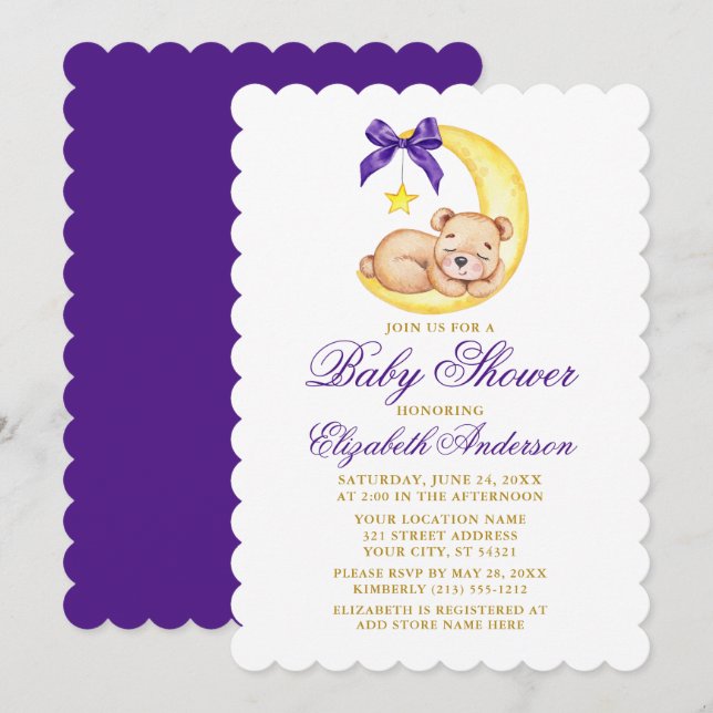 Invitation Aquarelle Teddy Bear Lune Purple Baby shower (Devant / Derrière)