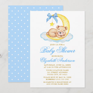 Invitation Aquarelle Teddy Bear Moon Blue Doses Baby shower