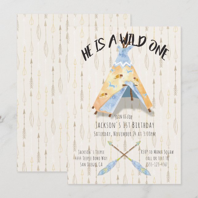Invitation Aquarelle Teepee 1er anniversaire boho tribal Boy (Devant / Derrière)