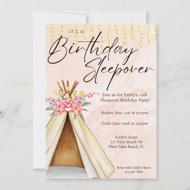 Invitation Aquarelle Teepee Tente Sbayak fête Anniversaire (Devant)
