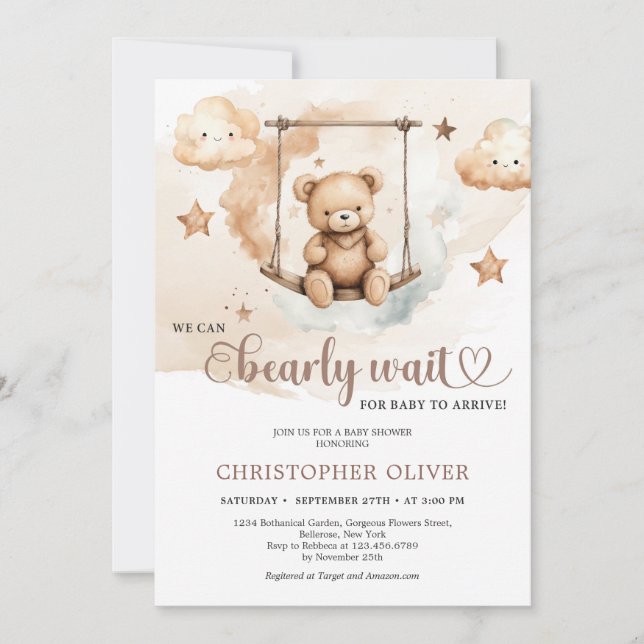 Invitation Aquarelle teinte brune neutre teddy ours sur balan (Devant)