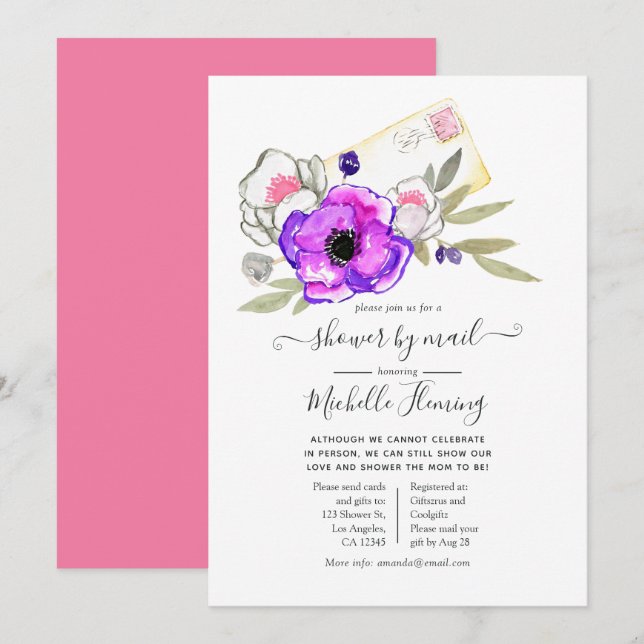 Invitation Aquarelle tendance Baby shower floral par courrier (Devant / Derrière)