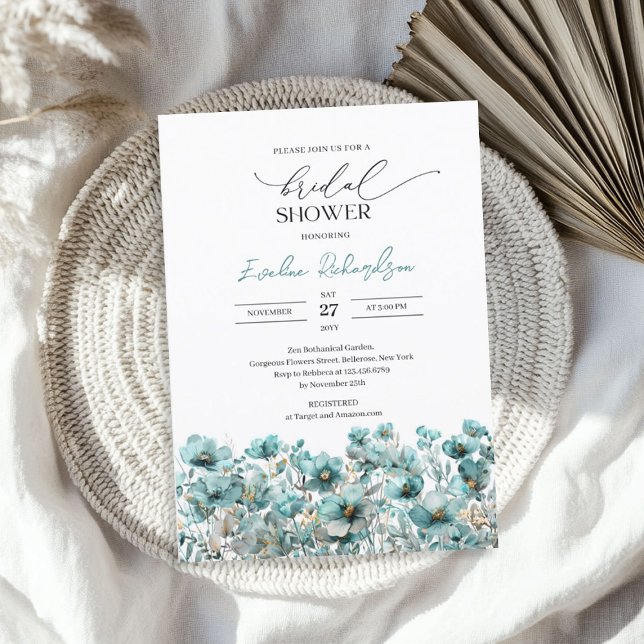 Invitation Aquarelle tendance bleu printemps fleur sauvage (Trendy watercolor dusty blue spring wildflowers invitation)