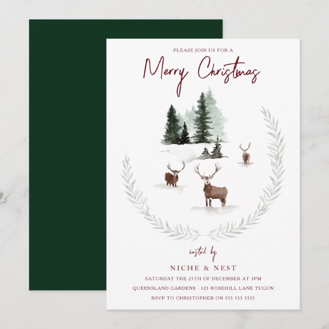 Invitation Aquarelle tendance Bois Animaux Fête de Noël (Devant / Derrière)