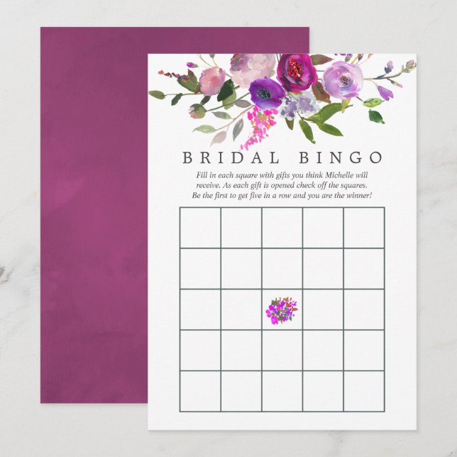 Invitation Aquarelle tendance Fête des mariées florale Bingo (Devant / Derrière)