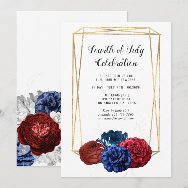 Invitation Aquarelle tendance Floral Géométrique 4 juillet (Devant / Derrière)