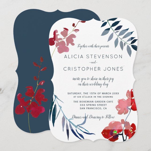 Invitation Aquarelle tendance rouge et mariage floral marine (Devant / Derrière)