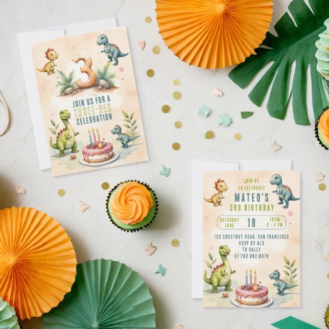 Invitation Aquarelle tendance Trois Rex Troisième 3D Annivers (Créateur téléchargé)