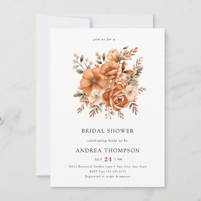 Invitation Aquarelle Terracotta | Fête des mariées florale (Devant)