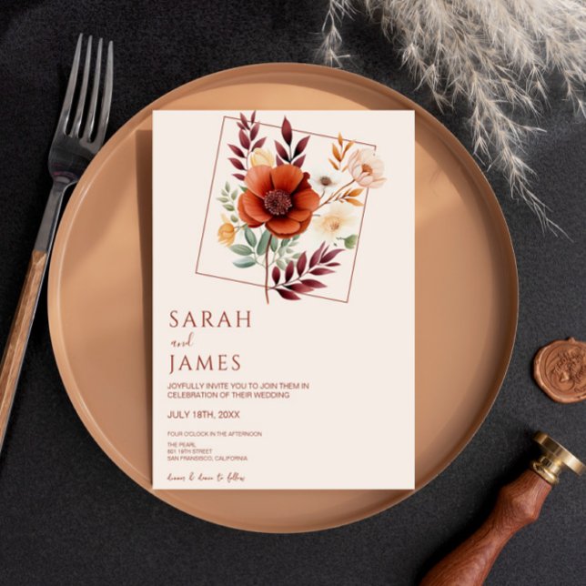 Invitation Aquarelle Terracotta Fleur sauvage Mariage moderne (Créateur téléchargé)