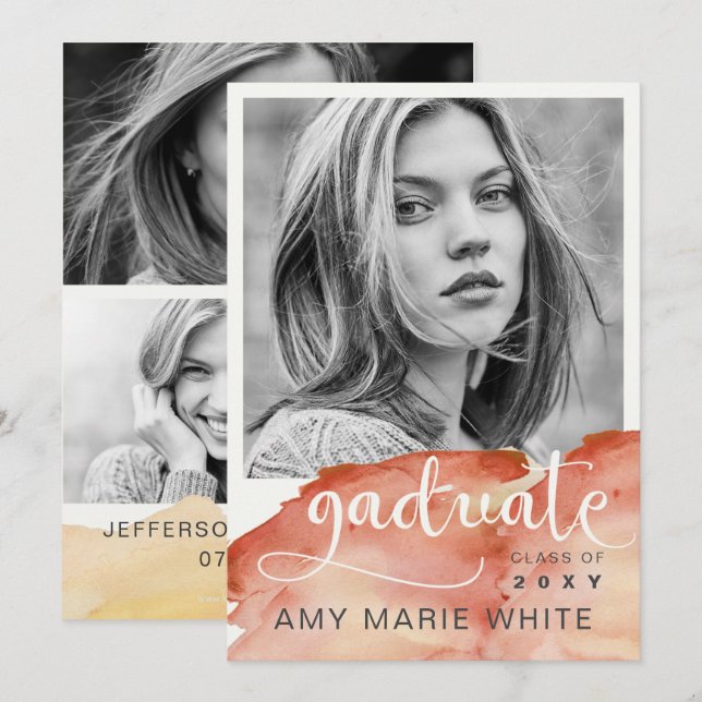 Invitation Aquarelle Terracotta Script Photo Graduation (Devant / Derrière)