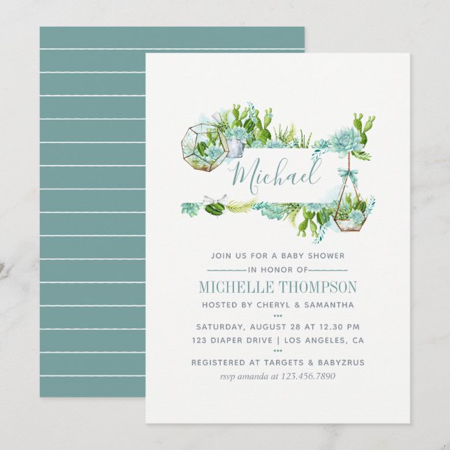 Invitation Aquarelle Terrarium en verre Baby shower de succul (Devant / Derrière)