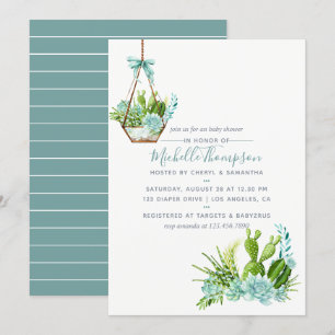 Invitation Aquarelle Terrarium en verre Baby shower de succul