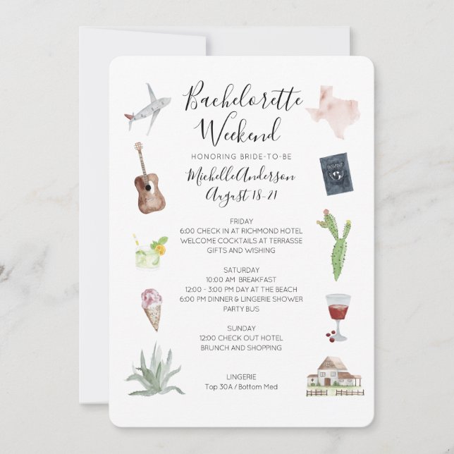 Invitation Aquarelle Texas Bachelorette Heekend Itinéraire (Devant)