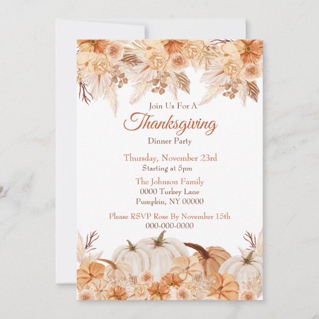 Invitation Aquarelle Thanksgiving Floral et Citrouille (Devant)