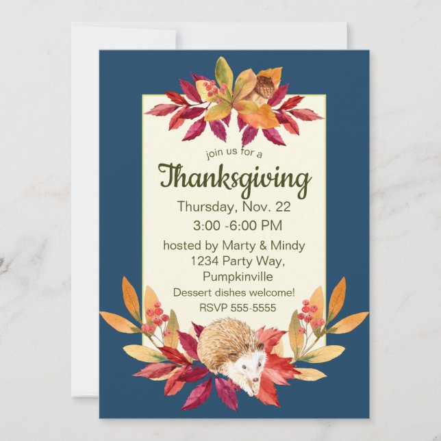 Invitation Aquarelle Thanksgiving Hérisson, Acorns, Berries (Devant)