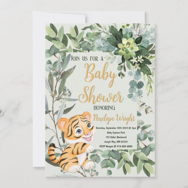 Invitation Aquarelle Tiger vert pâle Baby shower (Devant)