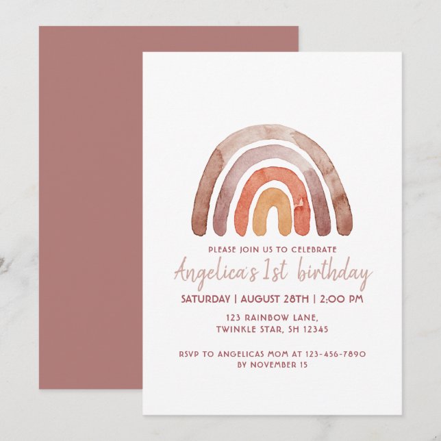Invitation Aquarelle Tone Terre Arc-en-ciel 1er anniversaire  (Devant / Derrière)