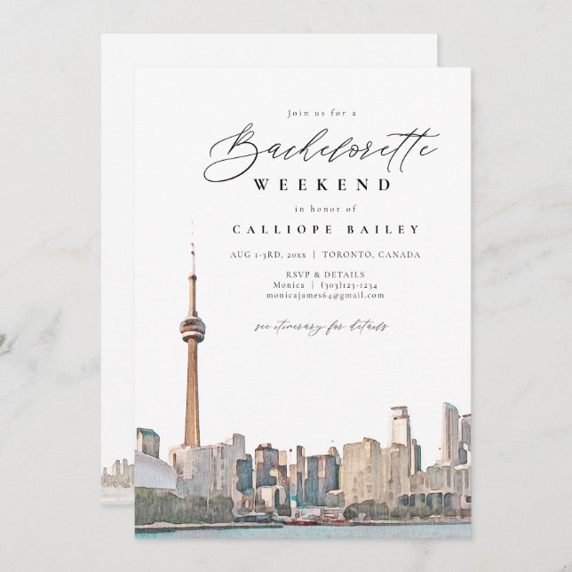 Invitation Aquarelle Toronto Bachelorette Itinéraire et (Devant / Derrière)