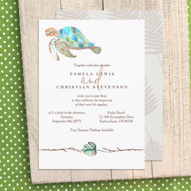 Invitation Aquarelle Tortue de mer et Mariage feuille de Mons (turquoise green brown sea turtle monstera leaf rustic tropical colors wedding invitation)
