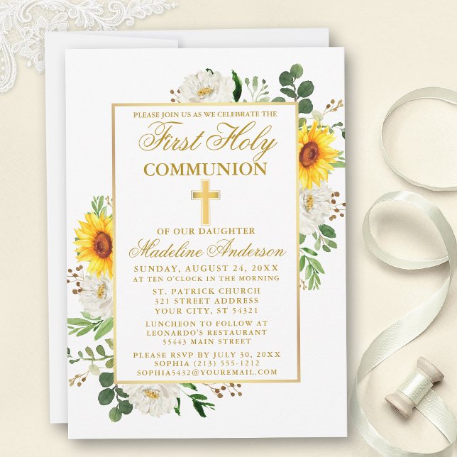Invitation Aquarelle Tournesol Blanc Floral Première communio (Customize to change text color, size, style or to add photos or more text to back of card.)