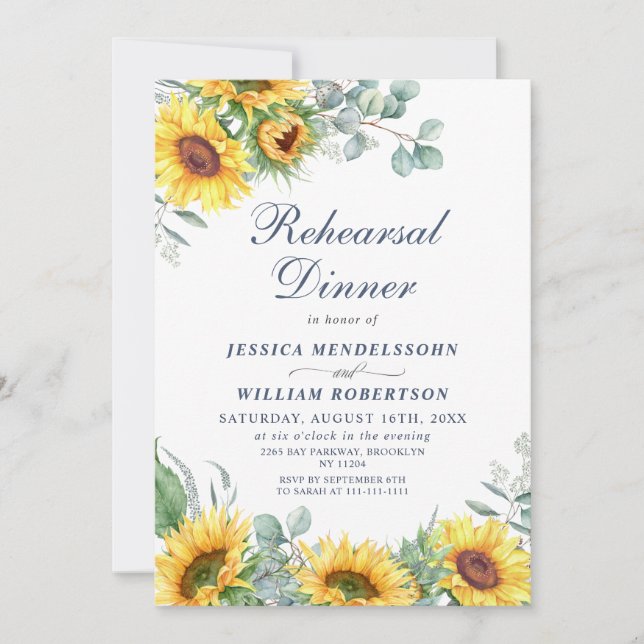 Invitation Aquarelle tournesol Eucalyptus REHEARSAL DInner (Devant)