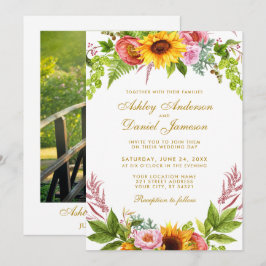 Invitation Aquarelle Tournesol Floral Photo Mariage Or