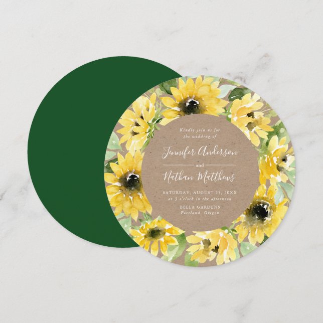 Invitation Aquarelle Tournesol Floral Wreath Russe Mariage (Devant / Derrière)