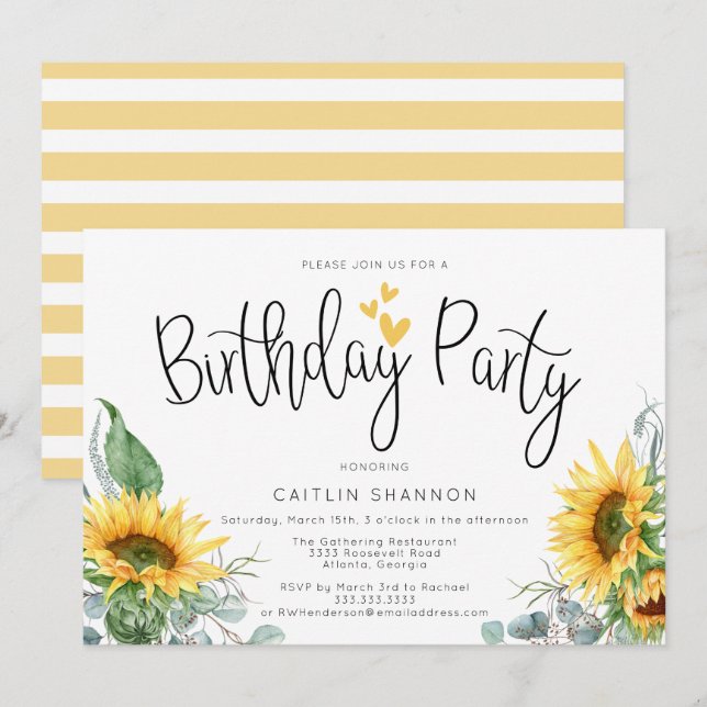 Invitation Aquarelle Tournesol Jaune Frappe d'anniversaire (Devant / Derrière)