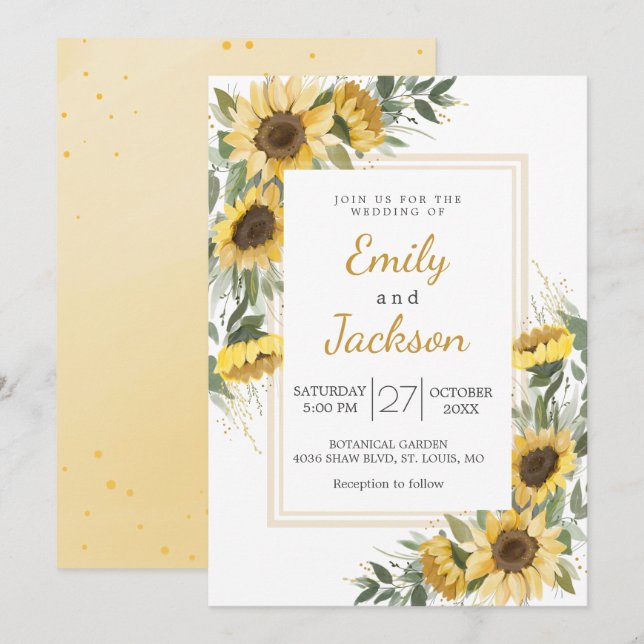 Invitation Aquarelle tournesol Mariage de verdure (Devant / Derrière)