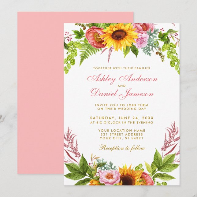 Invitation Aquarelle Tournesol Mariage Floral Or rose (Devant / Derrière)