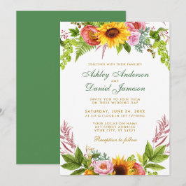 Invitation Aquarelle Tournesol Mariage Floral Or Vert