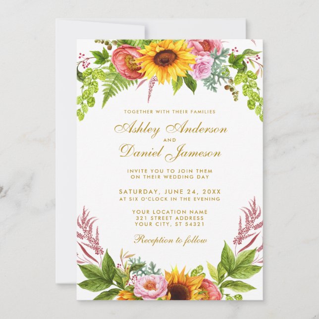 Invitation Aquarelle tournesol Mariage or (Devant)