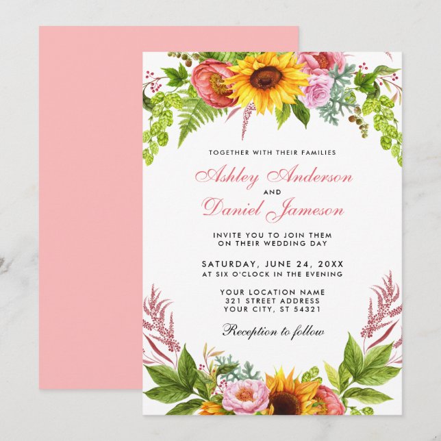 Invitation Aquarelle Tournesol Mariage rose (Devant / Derrière)