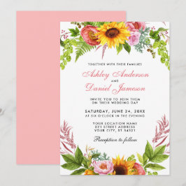 Invitation Aquarelle Tournesol Mariage rose