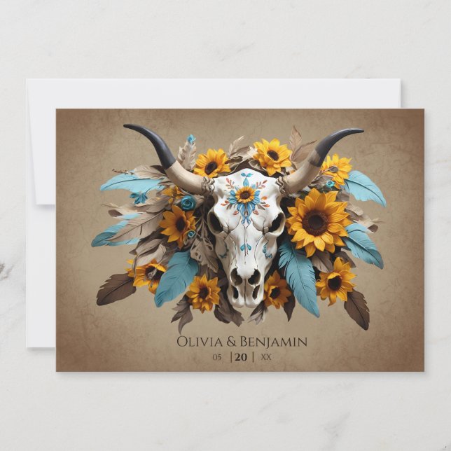 Invitation Aquarelle Tournesol Plumes Vache Mariage crâne (Devant)