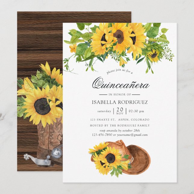 Invitation Aquarelle Tournesol Rustique Ouest Quinceañera (Devant / Derrière)